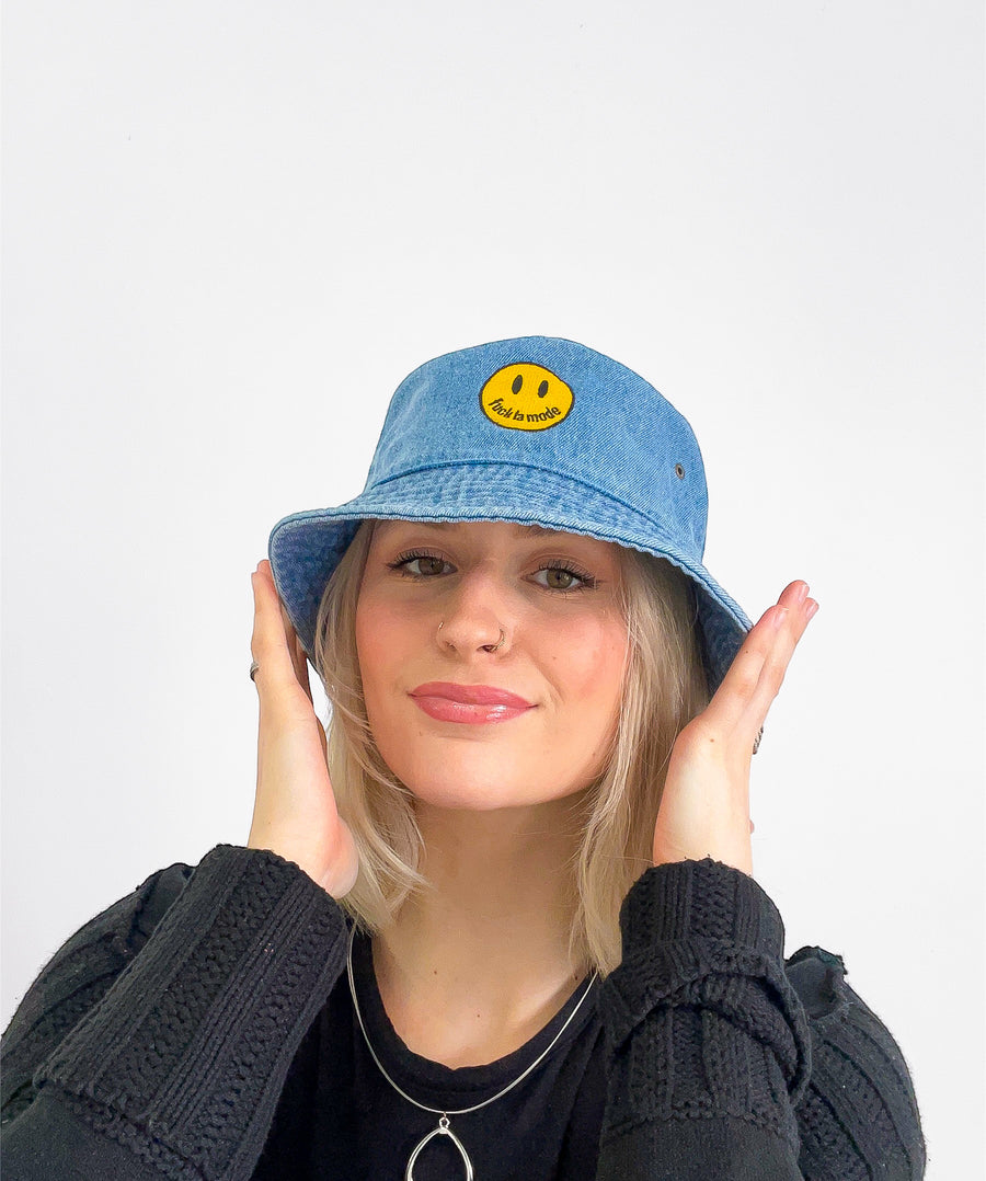 Denim Smiley Face Bucket Hat - Light Blue