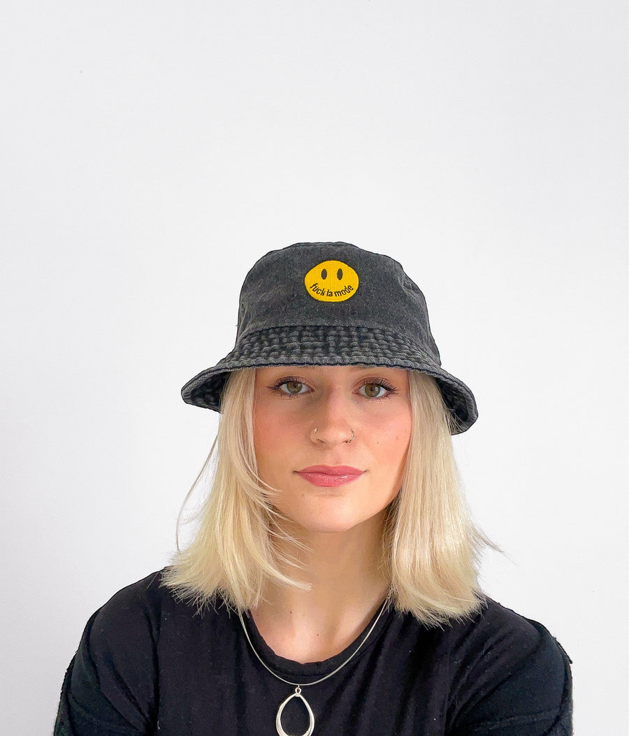 Denim Smiley Face Bucket Hat - Black