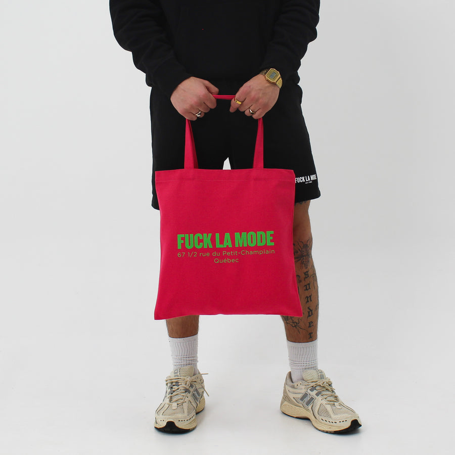 Fushia Address tote bag with the “fuck la mode” logo and address in green — streetwear clothing from Québec City.