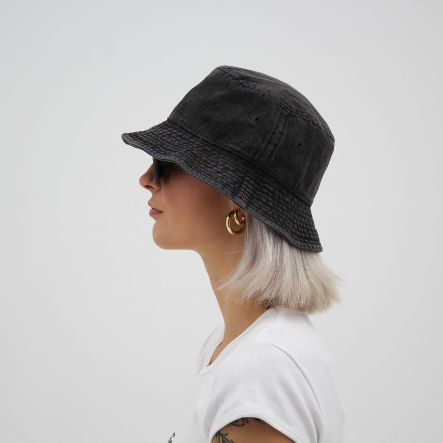 Denim Smiley Face Bucket Hat - Black