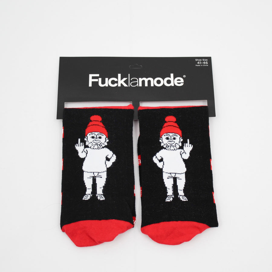 Black dwarf “fuck la mode” socks with red details and a dwarf design — streetwear clothing from Québec City.