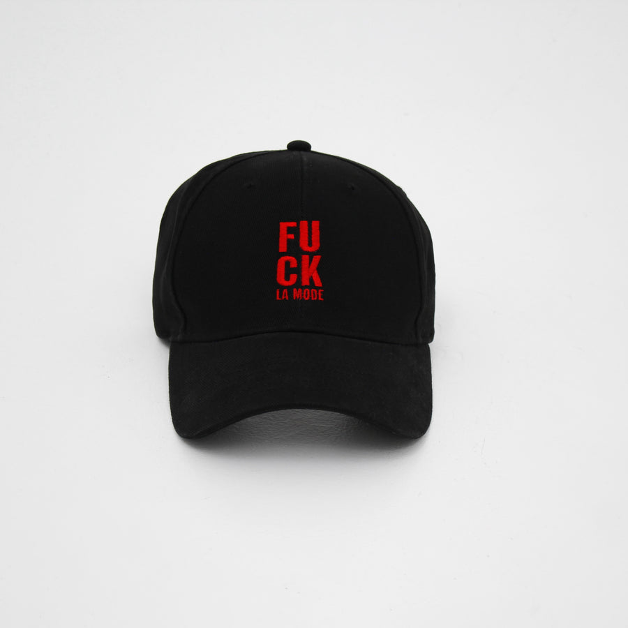 Black Block “fuck la mode” trucker cap with the “fuck la mode” logo in red — streetwear clothing from Québec City.