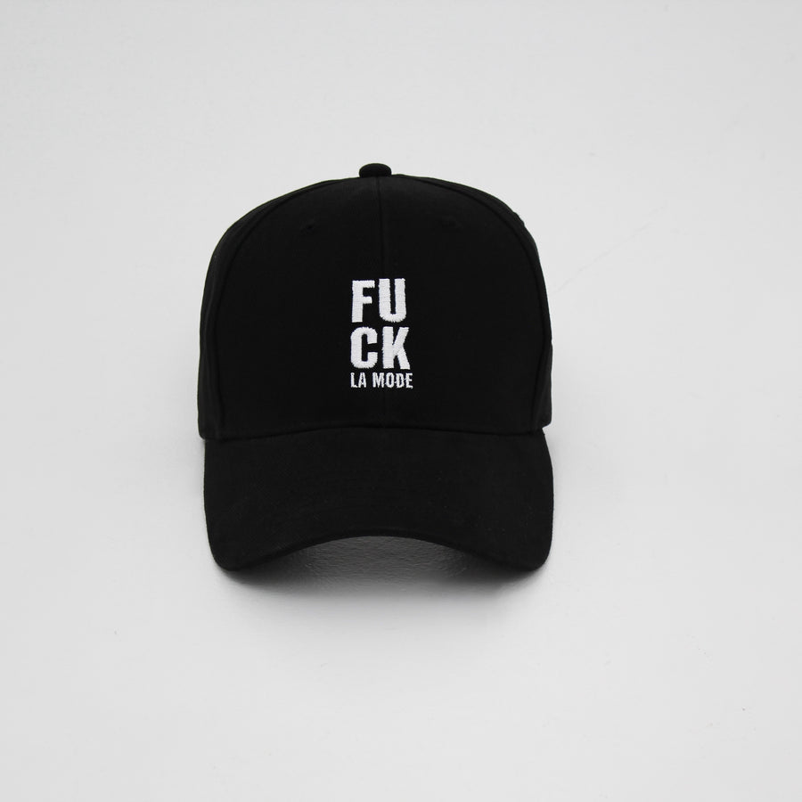 Black Block “fuck la mode” cap with the “fuck la mode” logo in white — streetwear clothing from Québec City.