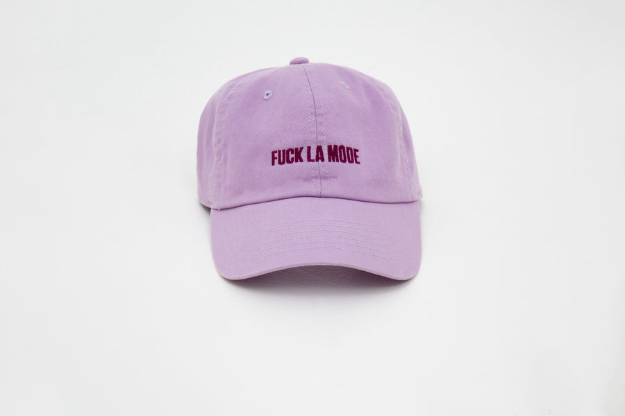 Lilac cotton stone-washed cap with the “fuck la mode” logo in grape — streetwear clothing from Québec City.