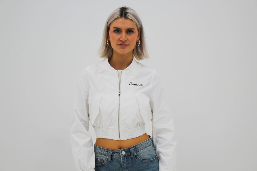 “Fuck la mode” crop bomber with the “fuck la mode” script logo — streetwear clothing from Québec City.