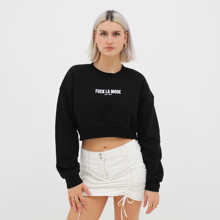 Coral crop sweater with the “fuck la mode” logo in white — streetwear clothing from Québec City.