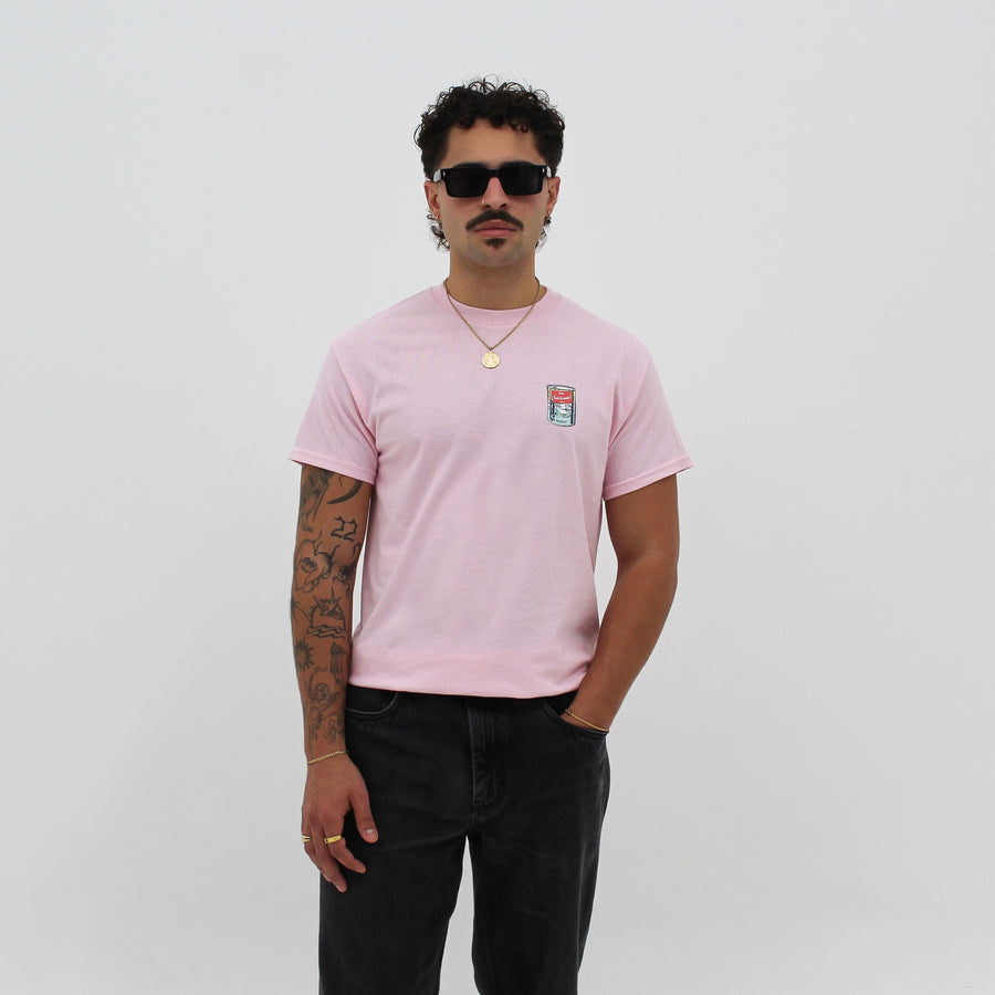 Mini Pop Art t-shirt with a small “fuck la mode” syrup can on the top left — streetwear clothing from Québec City.