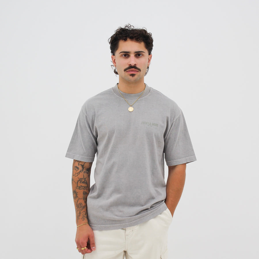 Oversize silver address t-shirt — streetwear clothing from Québec City.
