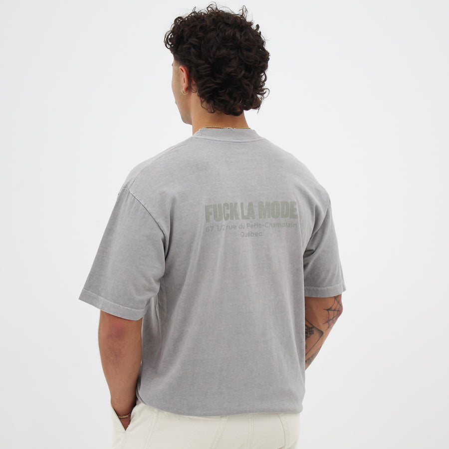 Oversize silver address t-shirt — streetwear clothing from Québec City.