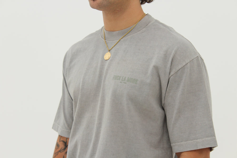 Oversize silver address t-shirt — streetwear clothing from Québec City.