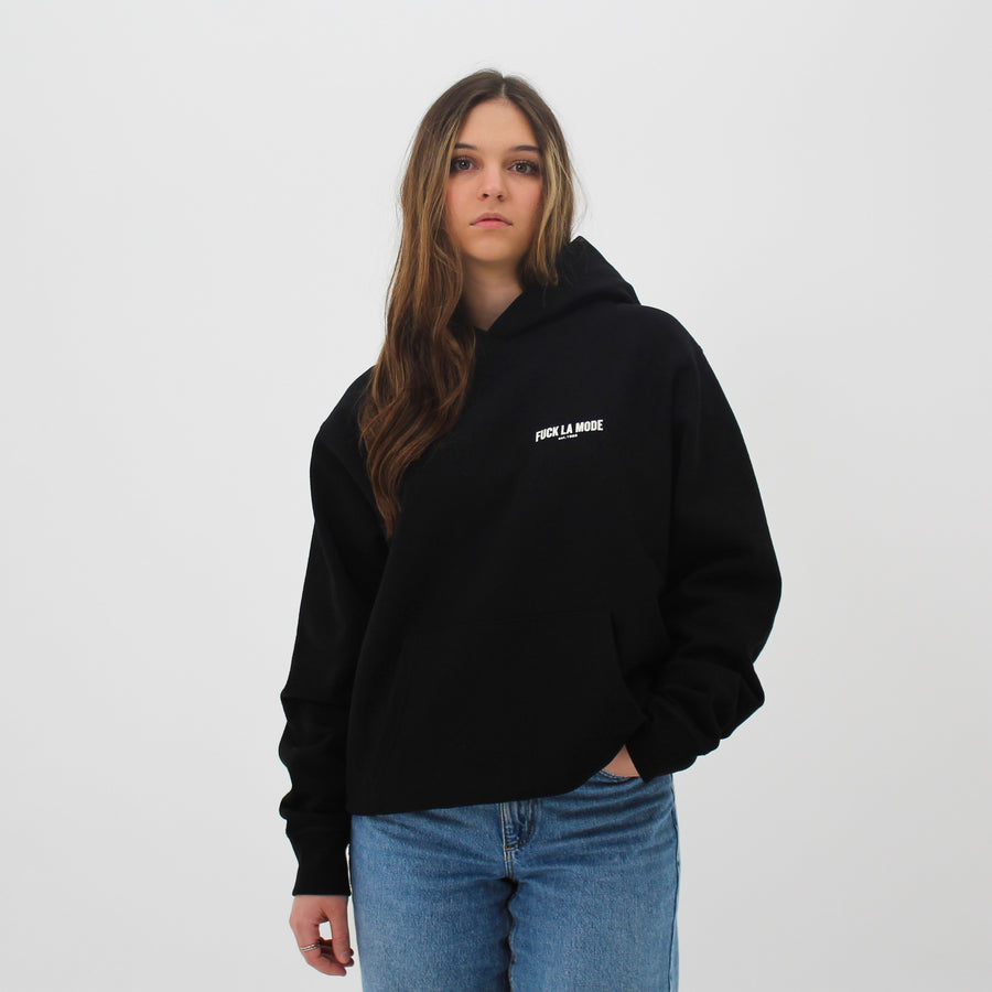 Oversized black address hoodie with creme lettering — streetwear clothing from Québec City.