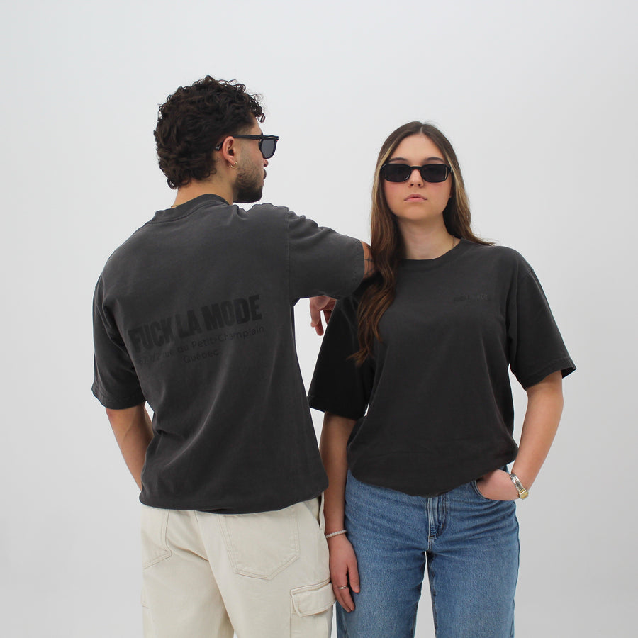 Oversized black address t-shirt — streetwear clothing from Québec City.