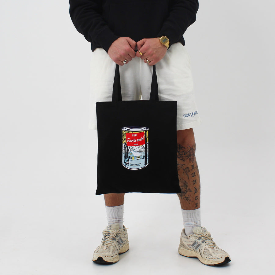 Black Pop Art tote bag with a pop art syrup can in the center — streetwear clothing from Québec City.