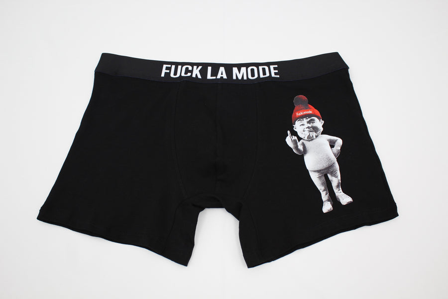 Black “fuck la mode” dwarf underwear with a red beanie design — streetwear clothing from Québec City.