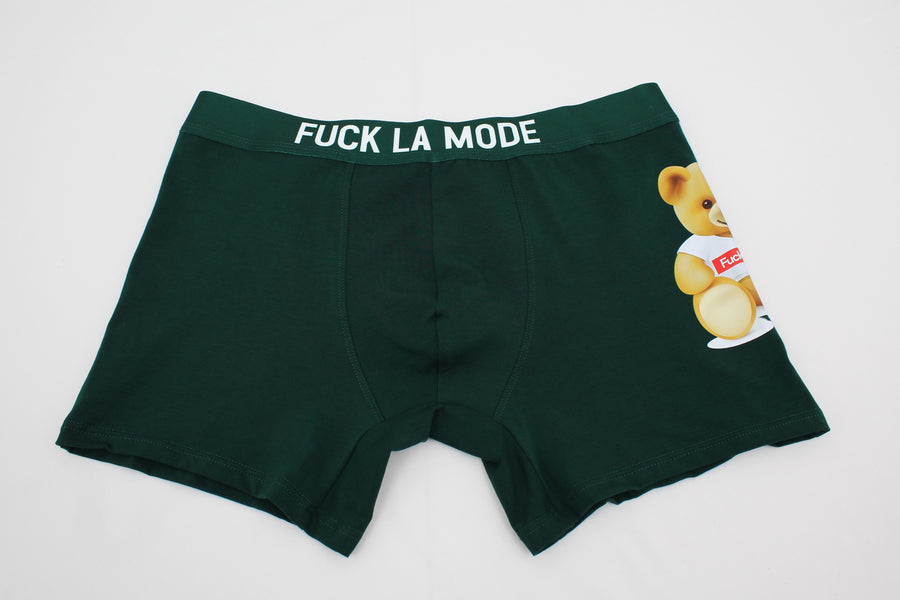 Forest green “fuck la mode” underwear with the “fuck la mode” teddy bear — streetwear clothing from Québec City.