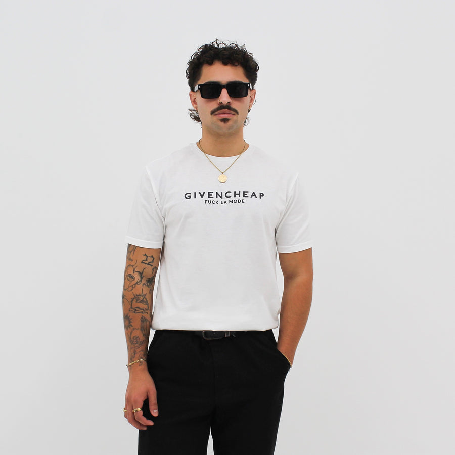 White “fuck la mode” GIVENCHEAP t-shirt — streetwear clothing from Québec City.