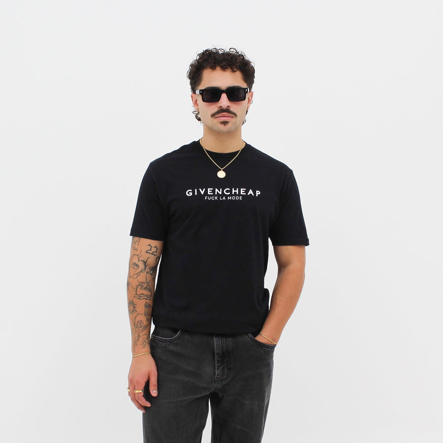 Black GIVENCHEAP t-shirt with the white “fuck la mode” logo and “GIVENCHEAP” written in white — streetwear clothing from Québec City.