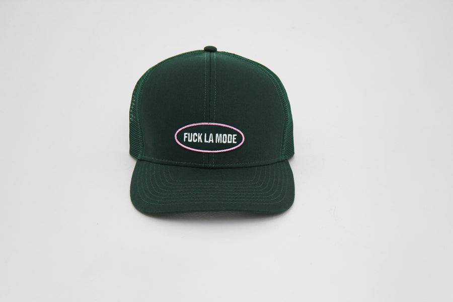 Green trucker “fuck la mode” cap with green and pink patch — streetwear clothing from Québec City.
