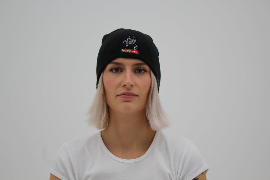 Black dwarf beanie with the “fuck la mode” logo — streetwear clothing from Québec City.