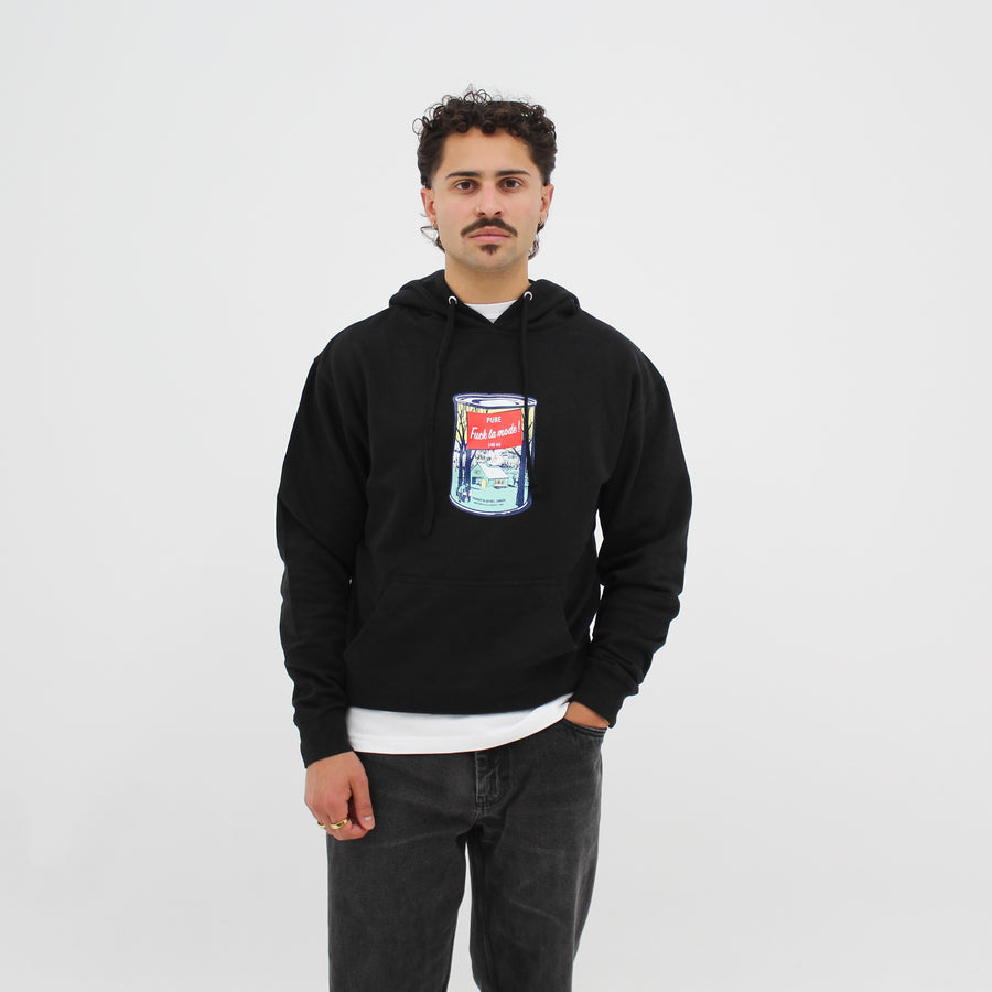 Unisex black Pop Art “fuck la mode” hoodie with a pop art syrup can in the middle — streetwear clothing from Québec City.