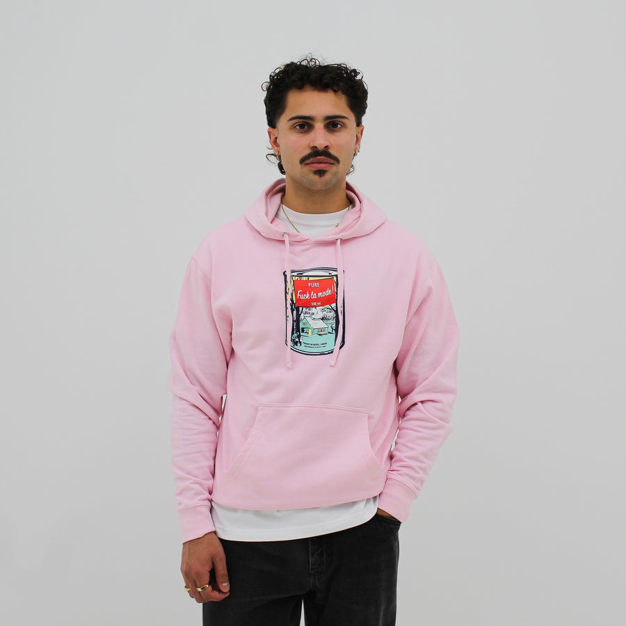 Unisex light pink Pop Art “fuck la mode” hoodie with a pop art syrup can in the middle — streetwear clothing from Québec City.