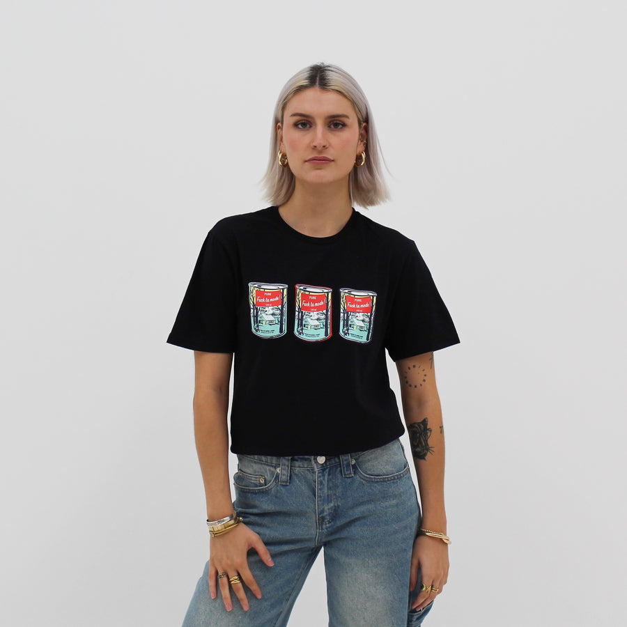 Unisex black Pop Art “fuck la mode” t-shirt with three “fuck la mode” pop art syrup cans — streetwear clothing from Québec City.