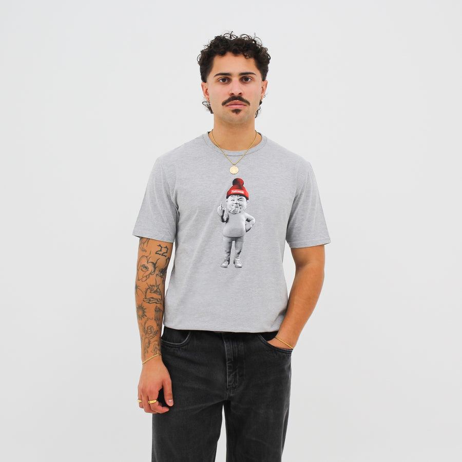 Unisex grey t-shirt with the “fuck la mode” dwarf in the middle of the shirt — streetwear clothing from Québec City.