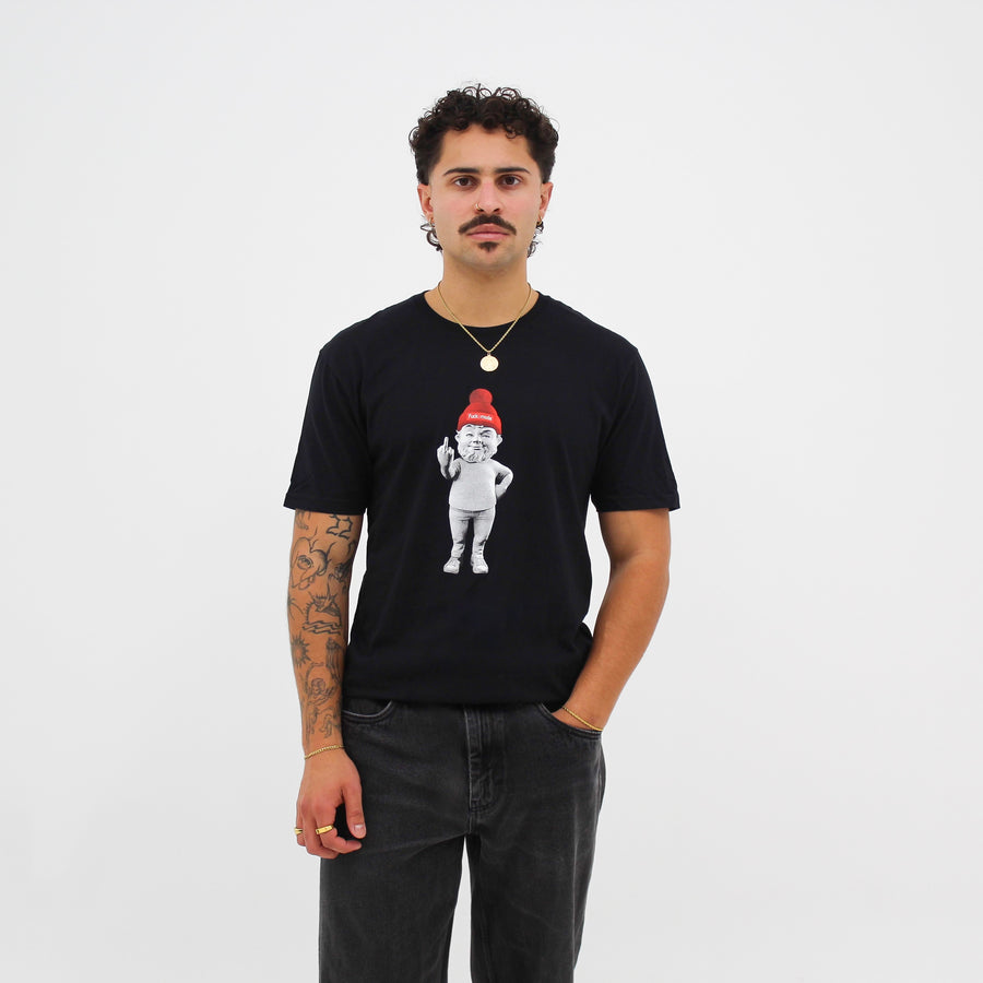 Unisex black dwarf “fuck la mode” t-shirt with the “fuck la mode” dwarf in the center — streetwear clothing from Québec City.