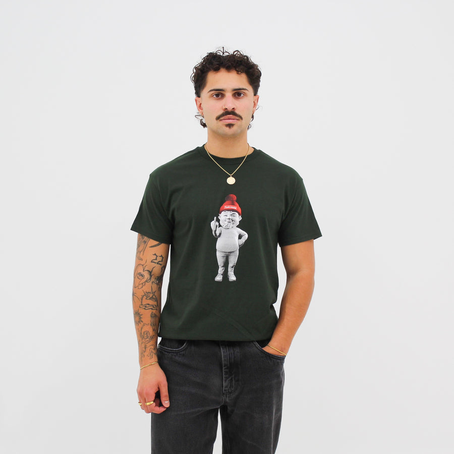 Unisex forest green t-shirt with the “fuck la mode” dwarf in the middle of the shirt — streetwear clothing from Québec City.