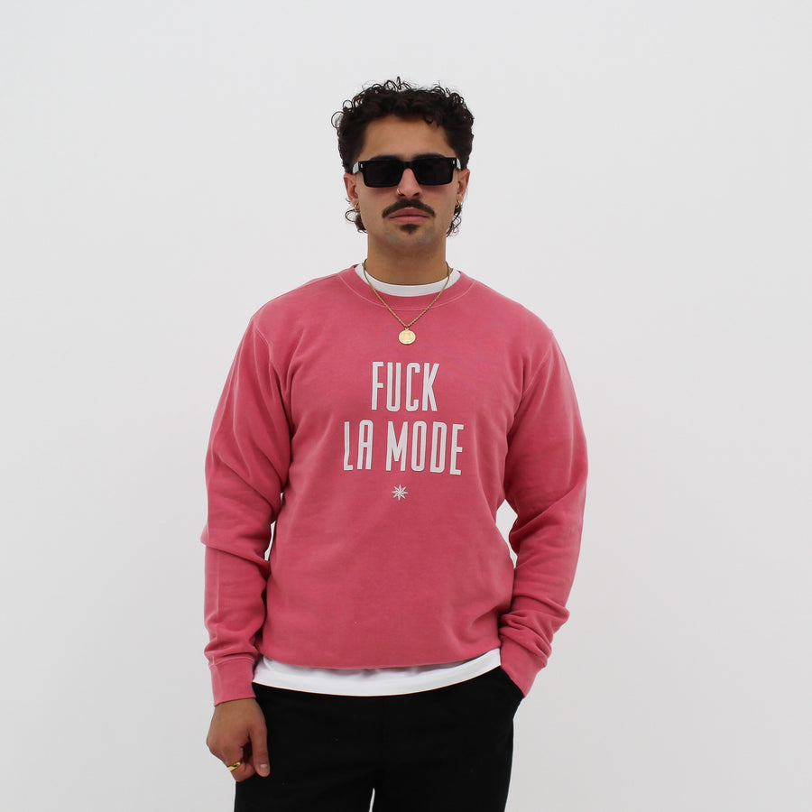 Vintage rose “fuck la mode” sweater with a vintage “fuck la mode” logo in cream — streetwear clothing from Québec City.